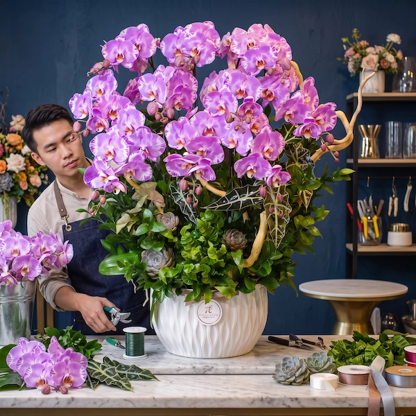 Nghệ nhân cắm hoa Pi Flowers & Events đang tỉ mỉ tạo một chậu lan hồ điệp tím lớn, sang trọng làm quà tặng sinh nhật lãnh đạo.