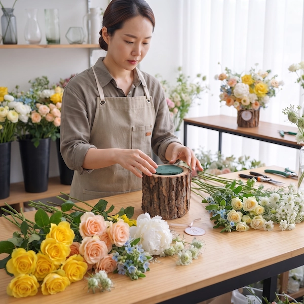 Nghệ nhân cắm giỏ hoa sinh nhật độc đáo Hồng Đào Diệu Sắc tại Pi Flowers & Events