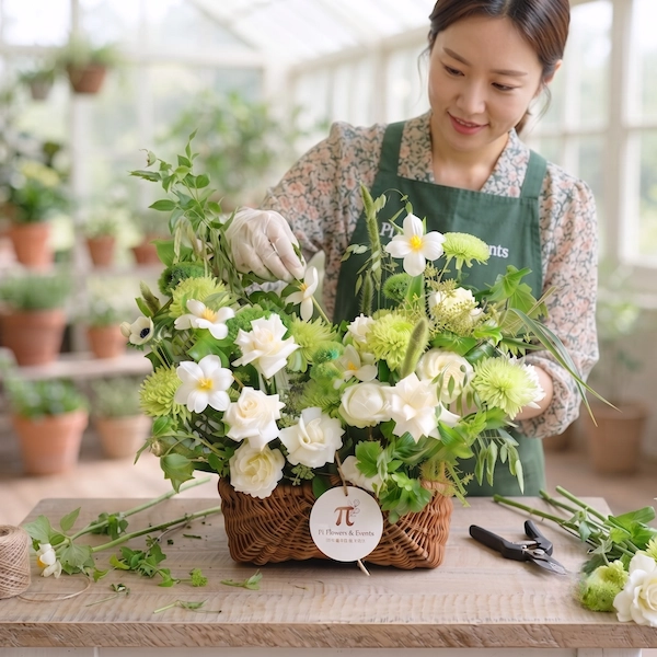 Nghệ nhân cắm hoa đang hoàn thiện giỏ hoa sinh nhật hiện đại cá tính tại tiệm