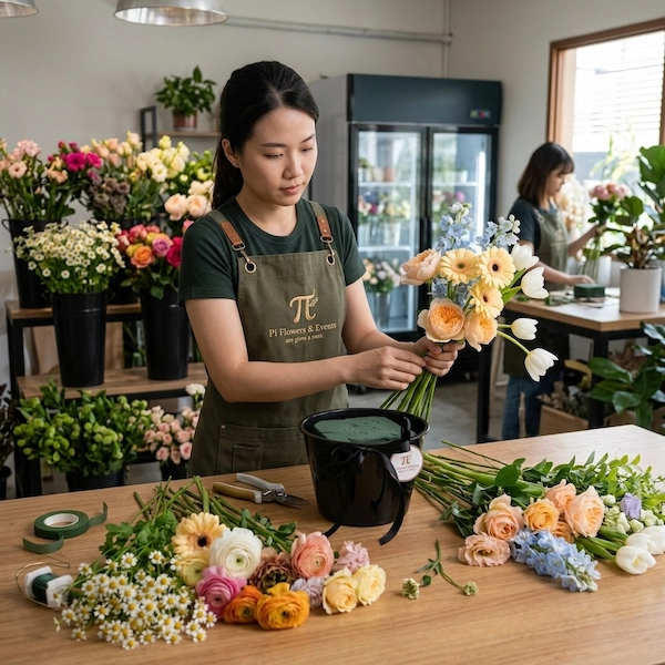 Florist tại Pi Flowers & Events tỉ mỉ cắm giỏ hoa sinh nhật tặng mẹ tone cam đào dịu ngọt.