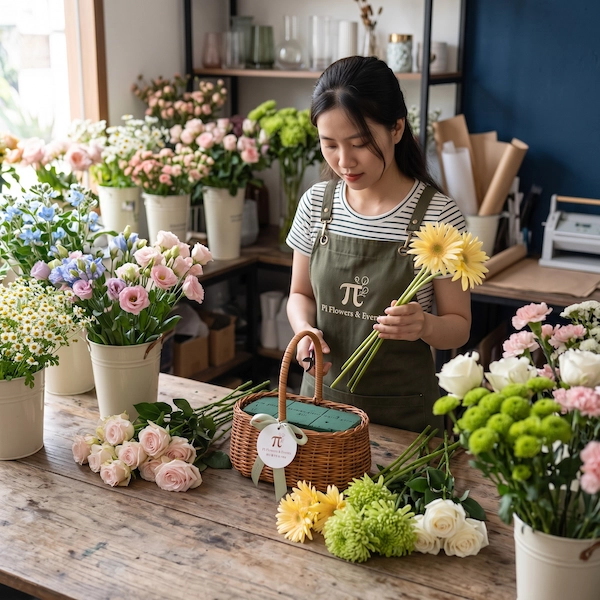 Florist tại Pi Flowers & Events cắm giỏ hoa sinh nhật tặng vợ tone màu pastel thanh lịch.