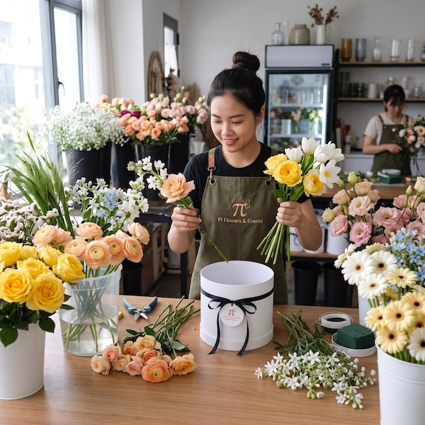 Florist tại Pi Flowers & Events tỉ mỉ cắm giỏ hoa sinh nhật tươi tone vàng trắng sang trọng.