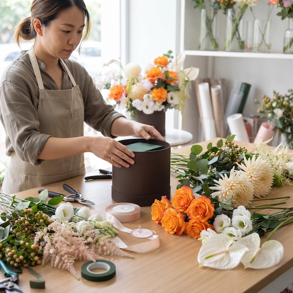 Thợ cắm hoa đang chuẩn bị làm giỏ hoa sinh nhật ý nghĩa tại cửa hàng.