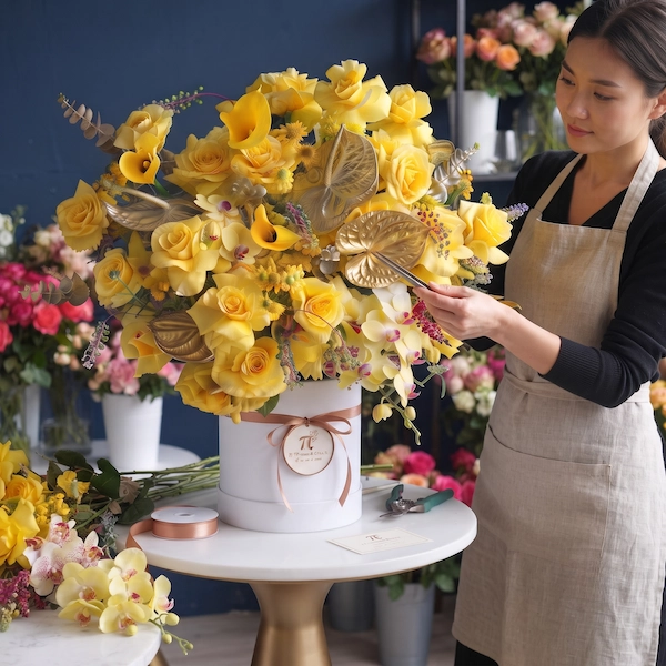 Thợ cắm hoa đang hoàn thiện giỏ hoa tươi sinh nhật sang trọng tại tiệm.