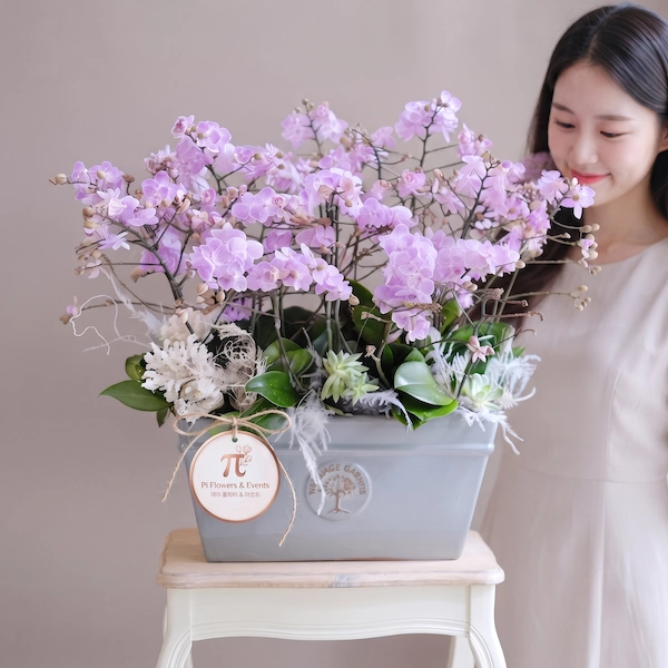Khách hàng bên chậu hoa Hồng Ngọc Sương Mai - giỏ hoa tươi tặng sếp nam nữ cá tính