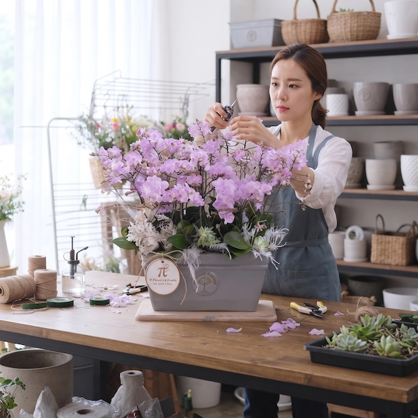 Nghệ nhân Pi Flowers & Events đang thiết kế giỏ hoa tươi tặng sếp nam nữ cá tính