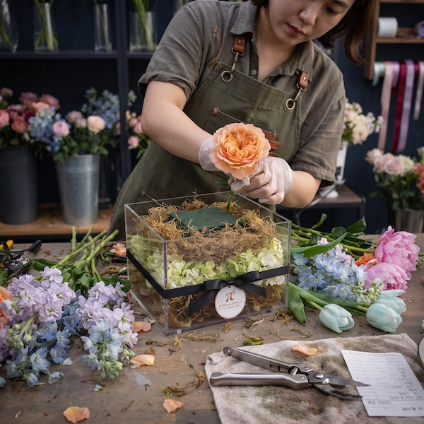 Nghệ nhân cắm hoa thủ công mẫu hộp hoa sinh nhật sang trọng tại Pi Flowers & Events