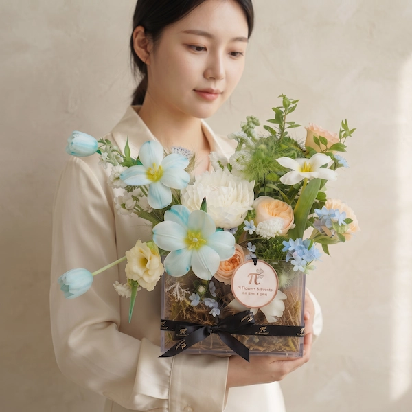 Người phụ nữ nâng niu hộp hoa sinh nhật thiết kế riêng "Muôn Sắc Dịu Dàng".