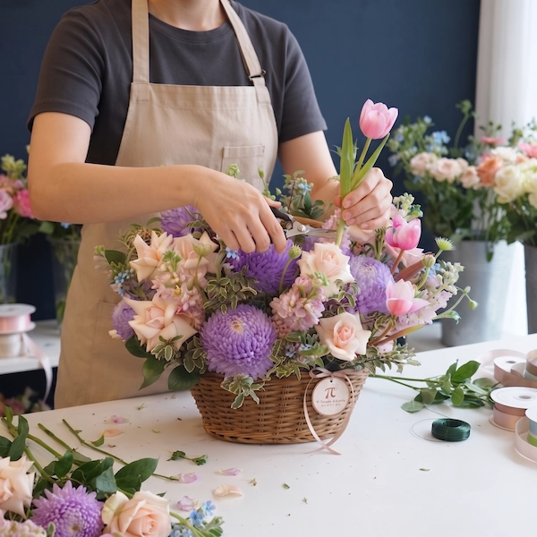 Thợ cắm hoa đang hoàn thiện sản phẩm hoa chúc mừng sinh nhật độc đáo