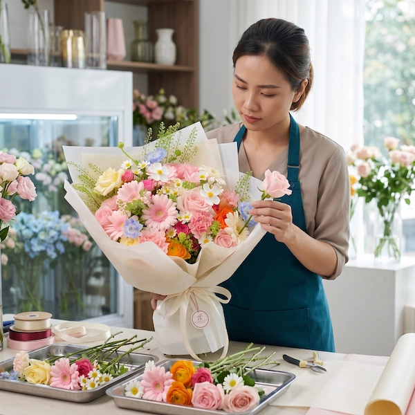 Florist đang cẩn thận cắm và hoàn thiện bó hoa chúc mừng sinh nhật tại cửa hàng