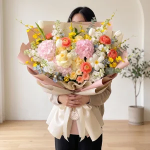 Khách hàng cầm trên tay bó hoa tặng sinh nhật phái đẹp kiểu dáng tròn lớn tinh tế.