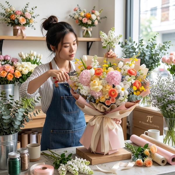 Florist tại Pi Flowers & Events đang tỉ mỉ thiết kế sản phẩm hoa tươi nghệ thuật.