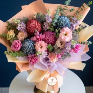 Cận cảnh bó hoa tặng sinh nhật tone màu pastel phối hoa cúc mẫu đơn xanh và hồng xinh xắn.