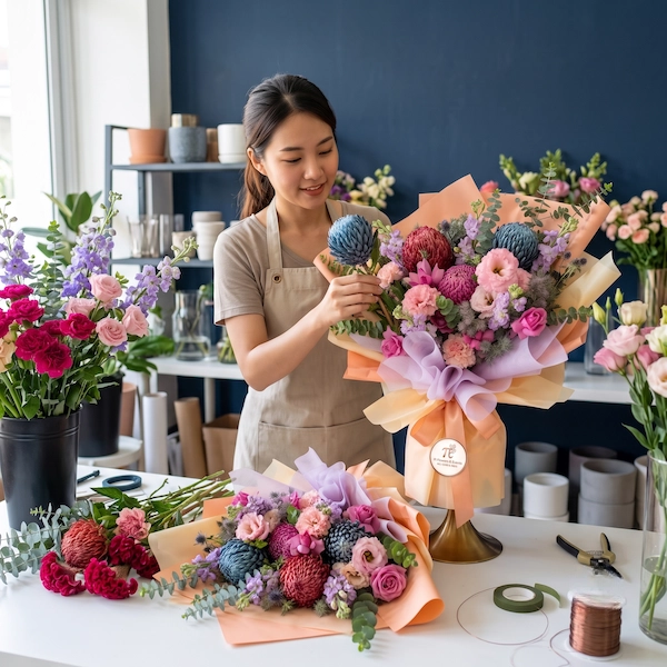 Florist đang tỉ mỉ cắm và gói bó hoa sinh nhật nghệ thuật tại cửa hàng hoa tươi.