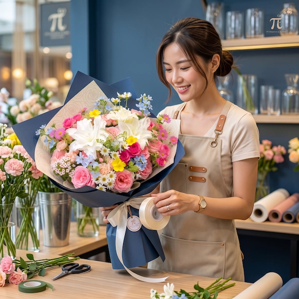 Florist tại Pi Flowers & Events đang chăm chút hoàn thiện bó hoa sinh nhật độc đáo Ly xuân sắc màu.