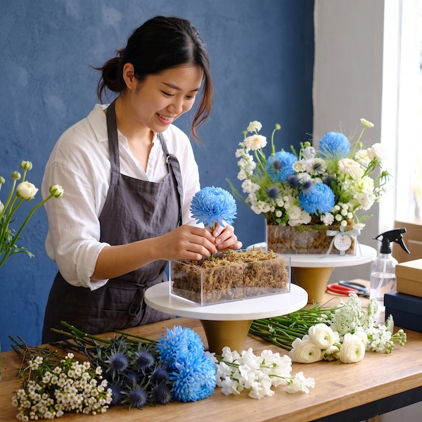 Florist đang cắm giỏ hoa sinh nhật tặng bạn trai thủ công tỉ mỉ