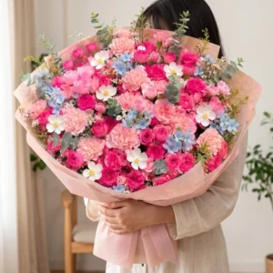 Mẫu ôm bó hoa sinh nhật ý nghĩa Ánh Hồng Diễm Lệ dáng to tiệm cận phong cách Hàn Quốc.