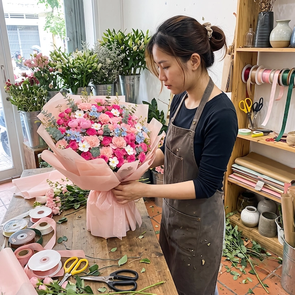 Florist tại Pi Flowers Events đang tỉ mỉ gói bó hoa mừng tuổi mới sang trọng Ánh Hồng Diễm Lệ.